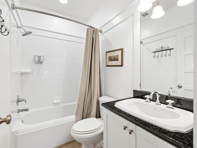 full bath featuring shower / bath combination with curtain, visible vents, vanity, and toilet