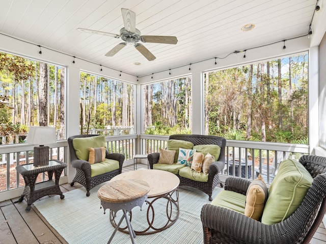 sunroom featuring wooden ceiling and ceiling fan