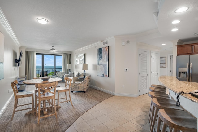 10 Harbor Blvd Unit W528, Destin, FL 32541 - dining room with ornamental molding, ceiling fan, light tile patterned floors, a textured ceiling, and recessed lighting