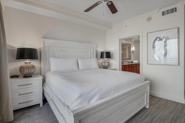 10 Harbor Blvd Unit W528, Destin, FL 32541 - carpeted bedroom with crown molding, ensuite bath, and a ceiling fan