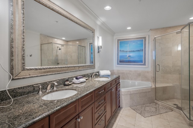 10 Harbor Blvd Unit W528, Destin, FL 32541 - full bathroom with a shower stall, crown molding, a bath, double vanity, and recessed lighting