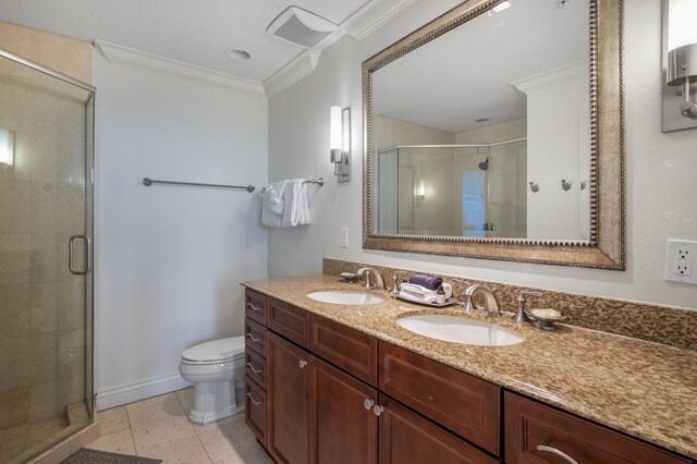 10 Harbor Blvd Unit W528, Destin, FL 32541 - bathroom featuring double vanity, a stall shower, tile patterned floors, and crown molding