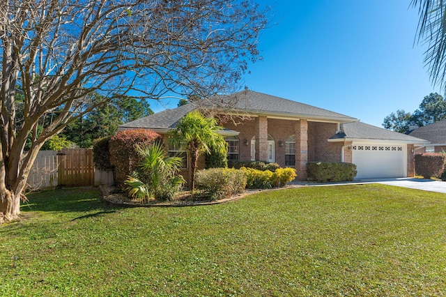 ranch-style house featuring a front yard and a garage