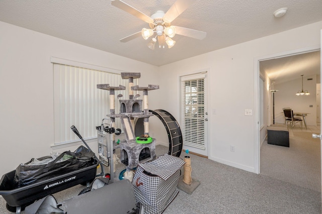 exercise room with a textured ceiling, carpet floors, vaulted ceiling, and ceiling fan