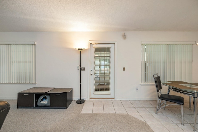 interior space with a textured ceiling and light carpet