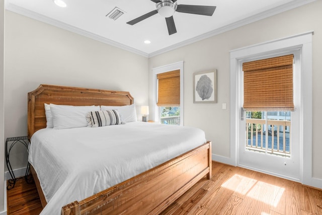 bedroom featuring access to exterior, light hardwood / wood-style flooring, ceiling fan, and crown molding