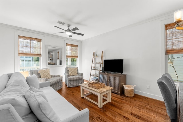 living room with hardwood / wood-style floors, ceiling fan, and ornamental molding