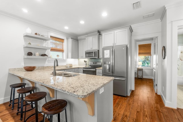 kitchen featuring sink, dark wood-type flooring, stainless steel appliances, kitchen peninsula, and a breakfast bar