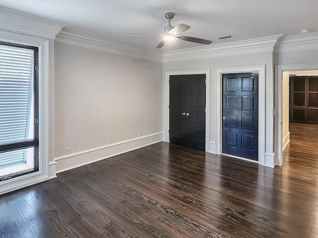 unfurnished bedroom with two closets, ornamental molding, dark hardwood / wood-style floors, and ceiling fan