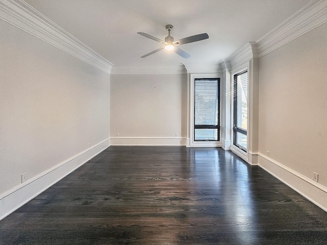 spare room with dark wood-type flooring, ceiling fan, and ornamental molding