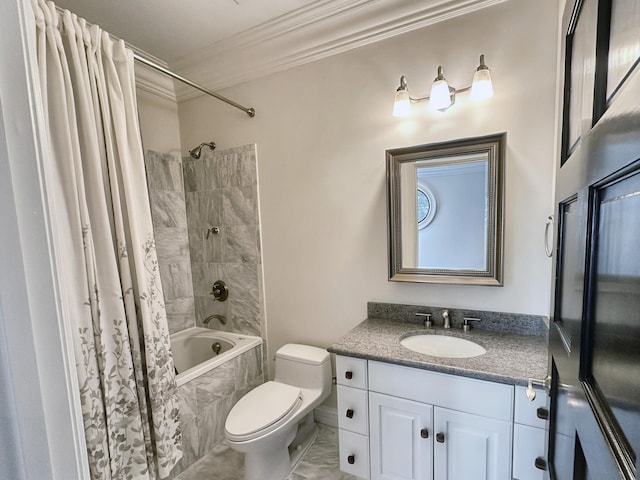 full bathroom with crown molding, vanity, toilet, and shower / tub combo