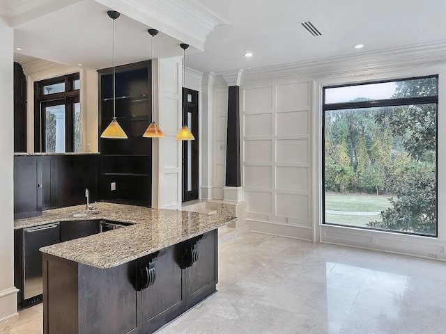 kitchen featuring crown molding, stone countertops, pendant lighting, and refrigerator