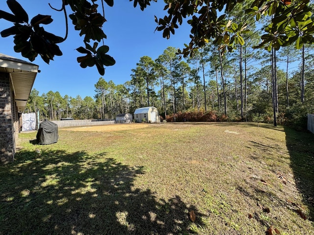 view of yard featuring a storage unit