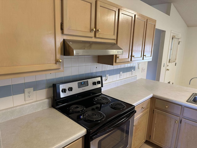 kitchen with decorative backsplash, black range with electric stovetop, and exhaust hood