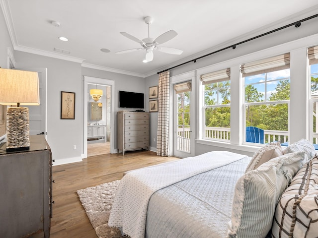 bedroom featuring ceiling fan, crown molding, and light wood-type flooring