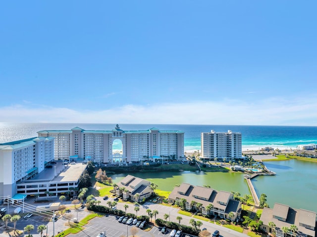 drone / aerial view with a water view