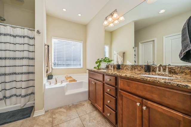 bathroom with separate shower and tub, tile patterned flooring, and vanity