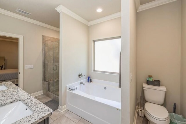 full bathroom with tile patterned flooring, separate shower and tub, crown molding, toilet, and vanity