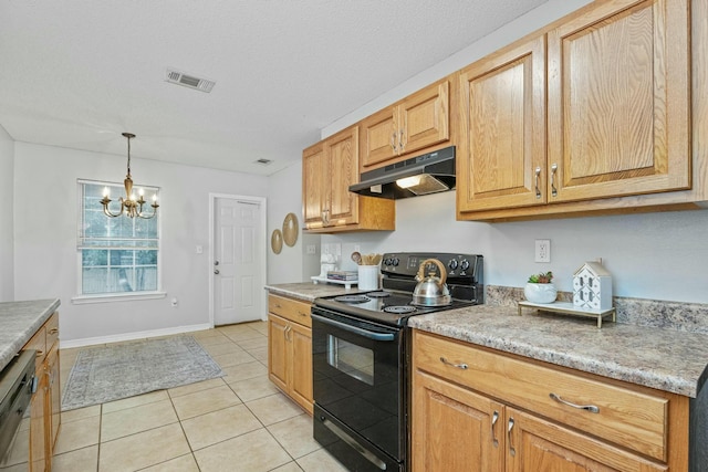 kitchen featuring pendant lighting, dishwasher, black range with electric stovetop, light tile patterned floors, and a chandelier