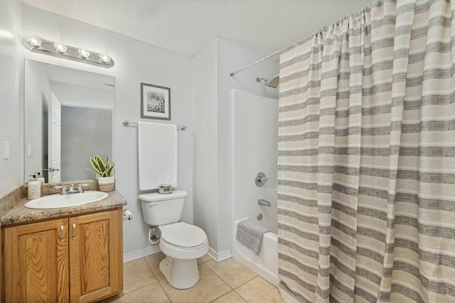 full bathroom with tile patterned flooring, a textured ceiling, toilet, vanity, and shower / tub combo