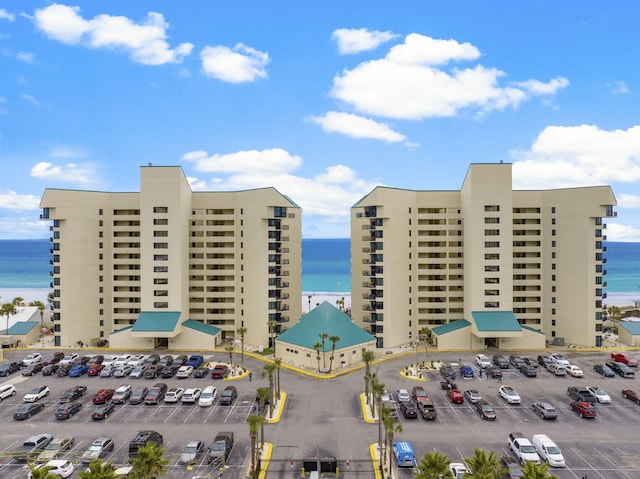 view of building exterior with a water view