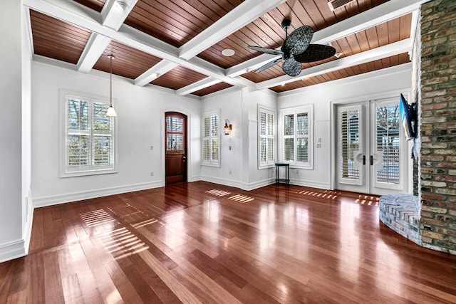 entryway featuring french doors, wood ceiling, ceiling fan, beamed ceiling, and hardwood / wood-style floors