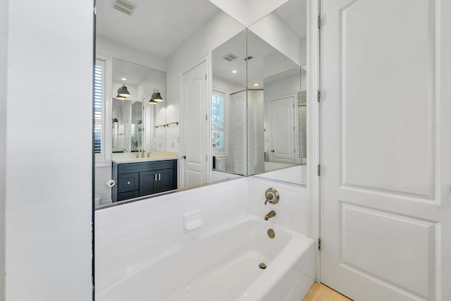 bathroom with separate shower and tub and vanity