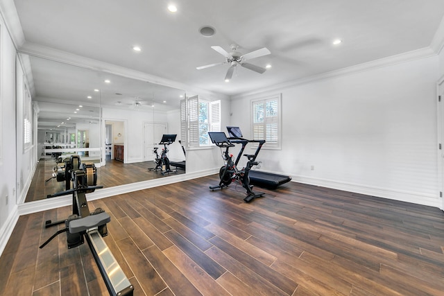 workout room featuring ceiling fan and ornamental molding