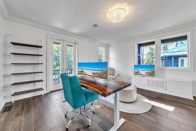 office area featuring a healthy amount of sunlight, ornamental molding, dark wood-type flooring, and french doors