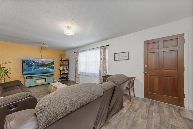 living room with a textured ceiling and light hardwood / wood-style flooring