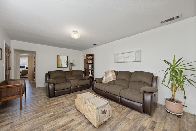 living room featuring hardwood / wood-style floors and a textured ceiling