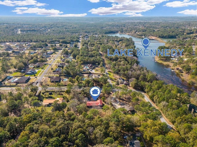 bird's eye view with a water view