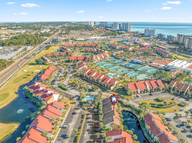 bird's eye view with a water view