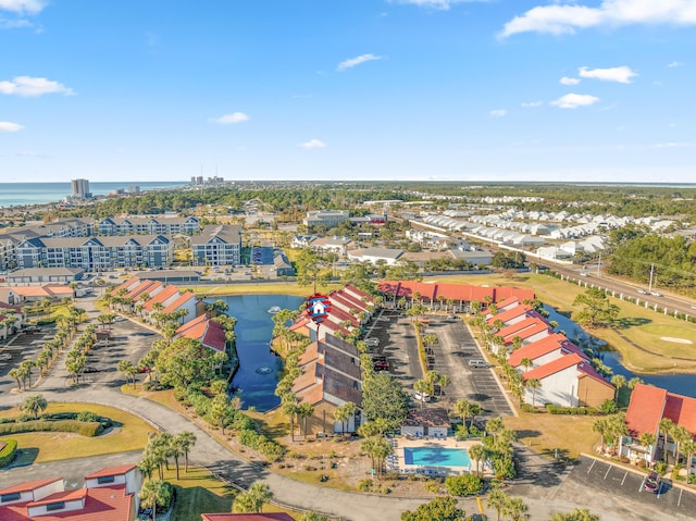 drone / aerial view featuring a water view