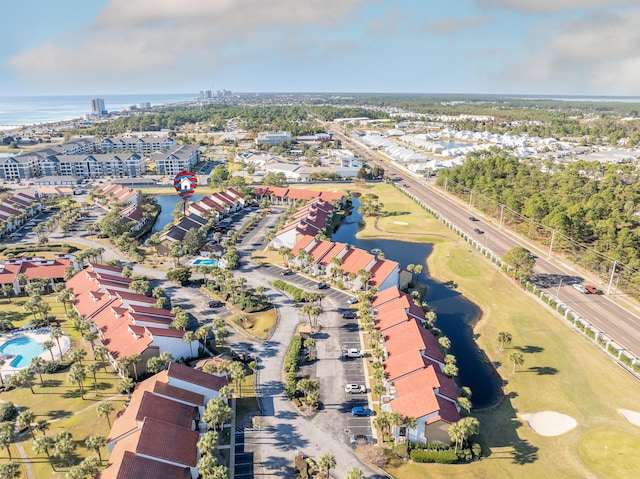 aerial view featuring a water view