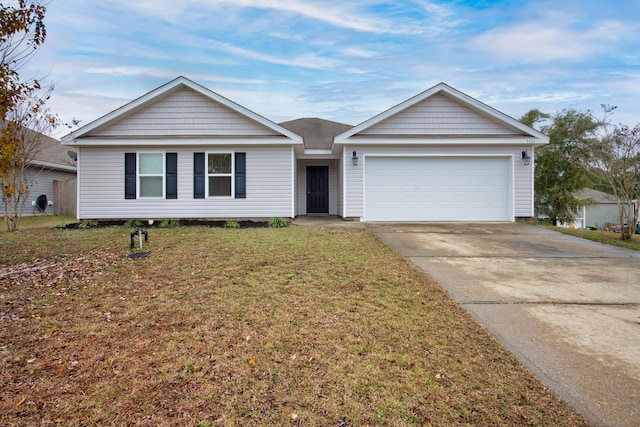 single story home featuring a garage and a front yard