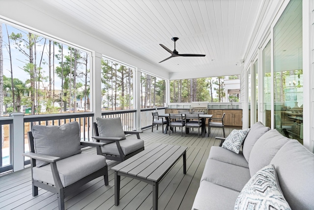 sunroom / solarium with wooden ceiling, ceiling fan, and a healthy amount of sunlight