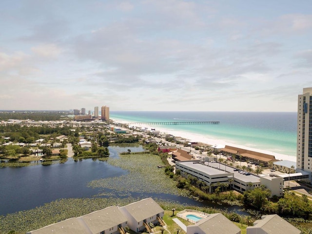 aerial view featuring a beach view and a water view