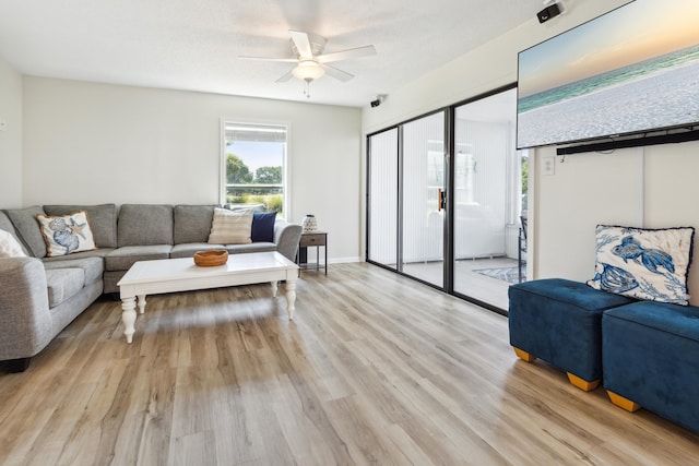 living room with light hardwood / wood-style flooring and ceiling fan