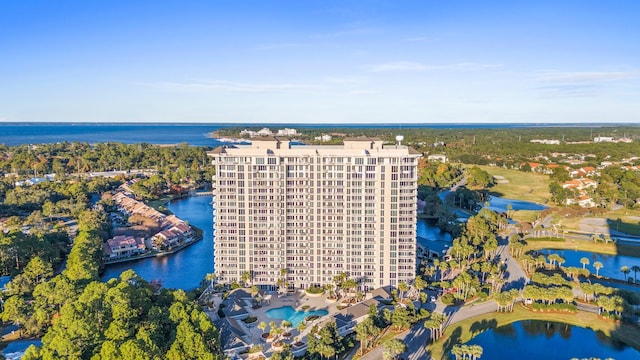 birds eye view of property featuring a water view