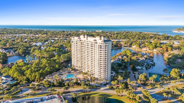 drone / aerial view featuring a water view