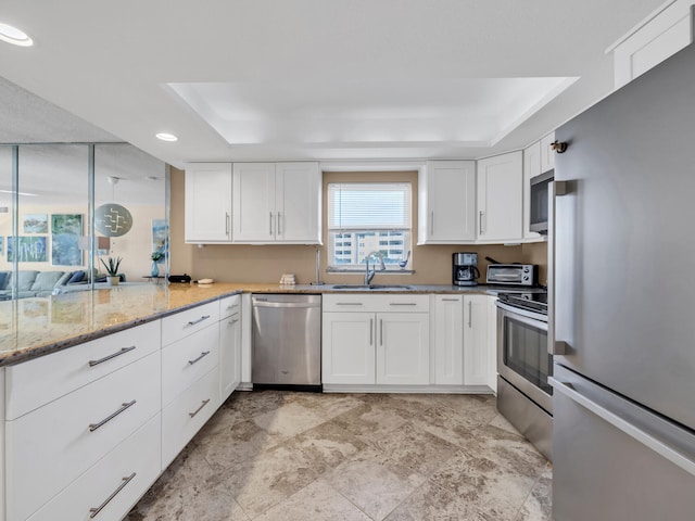 kitchen featuring kitchen peninsula, appliances with stainless steel finishes, a tray ceiling, white cabinets, and sink