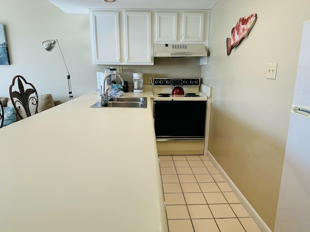 2830 Scenic Gulf Dr Unit 115, Miramar Beach, FL 32550 - kitchen featuring electric range oven, ventilation hood, white cabinetry, light tile patterned floors, and light countertops
