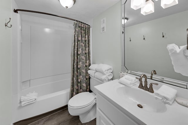 full bathroom featuring wood-type flooring, vanity, toilet, and shower / bath combination with curtain