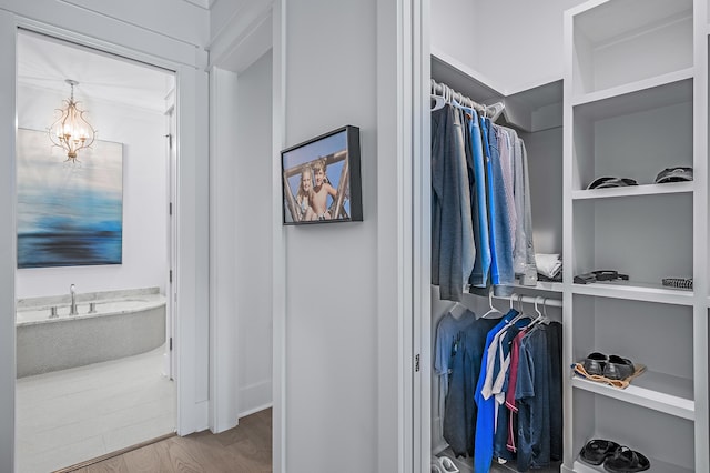 walk in closet with a chandelier and wood-type flooring