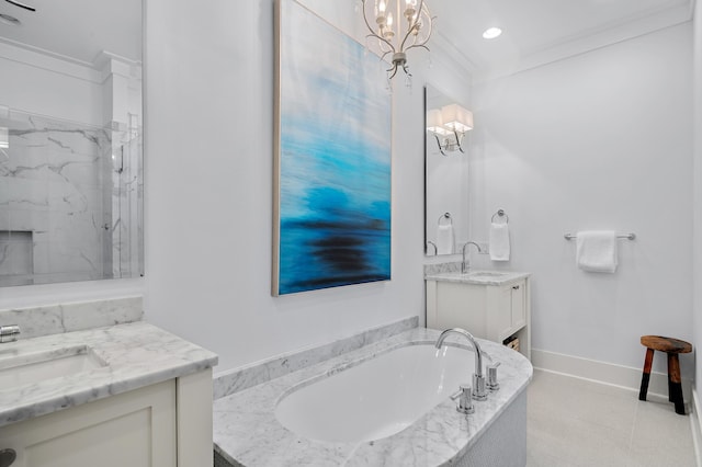 bathroom featuring tile patterned floors, vanity, ornamental molding, and independent shower and bath