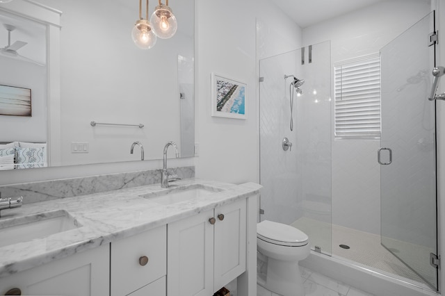 bathroom with vanity, an enclosed shower, and toilet