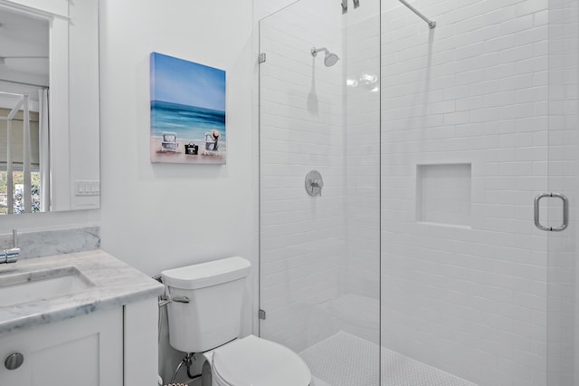 bathroom with vanity, an enclosed shower, and toilet