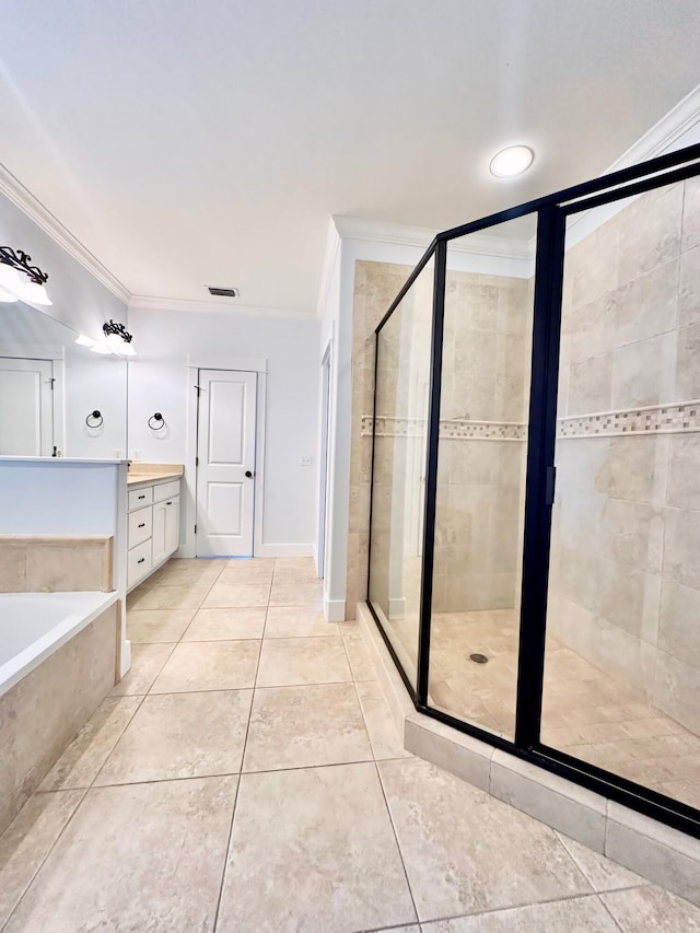 bathroom with separate shower and tub, crown molding, and vanity