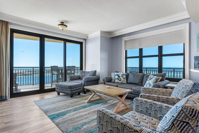 living room with crown molding, a water view, a textured ceiling, and hardwood / wood-style flooring